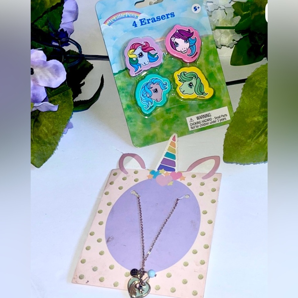 NWT bff unicorn charm gold tone necklace w/new My Little Pony Colorful Erasers